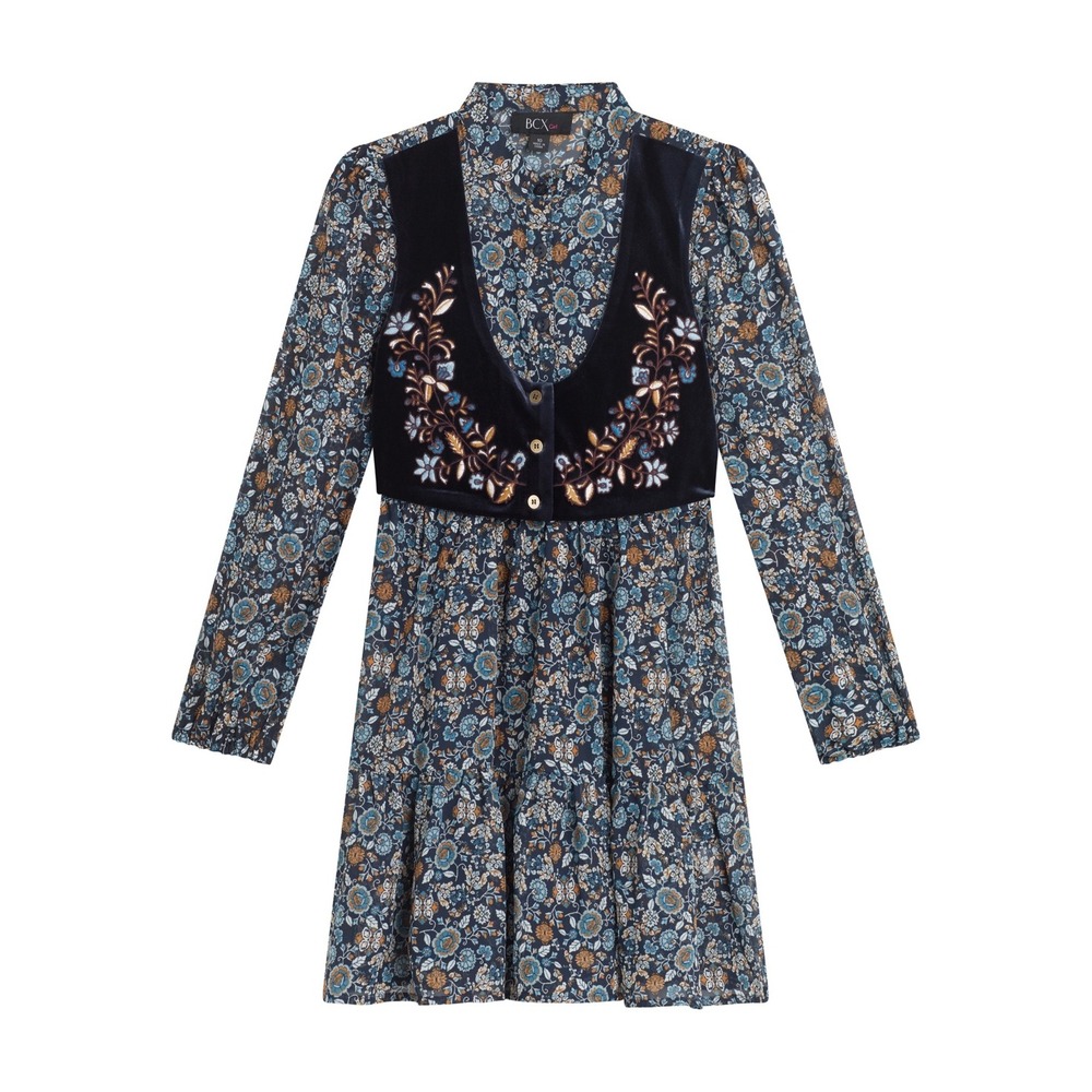 Beautees Girls Long Sleeves Print Chiffon Dress with Embroidered Velvet size 12